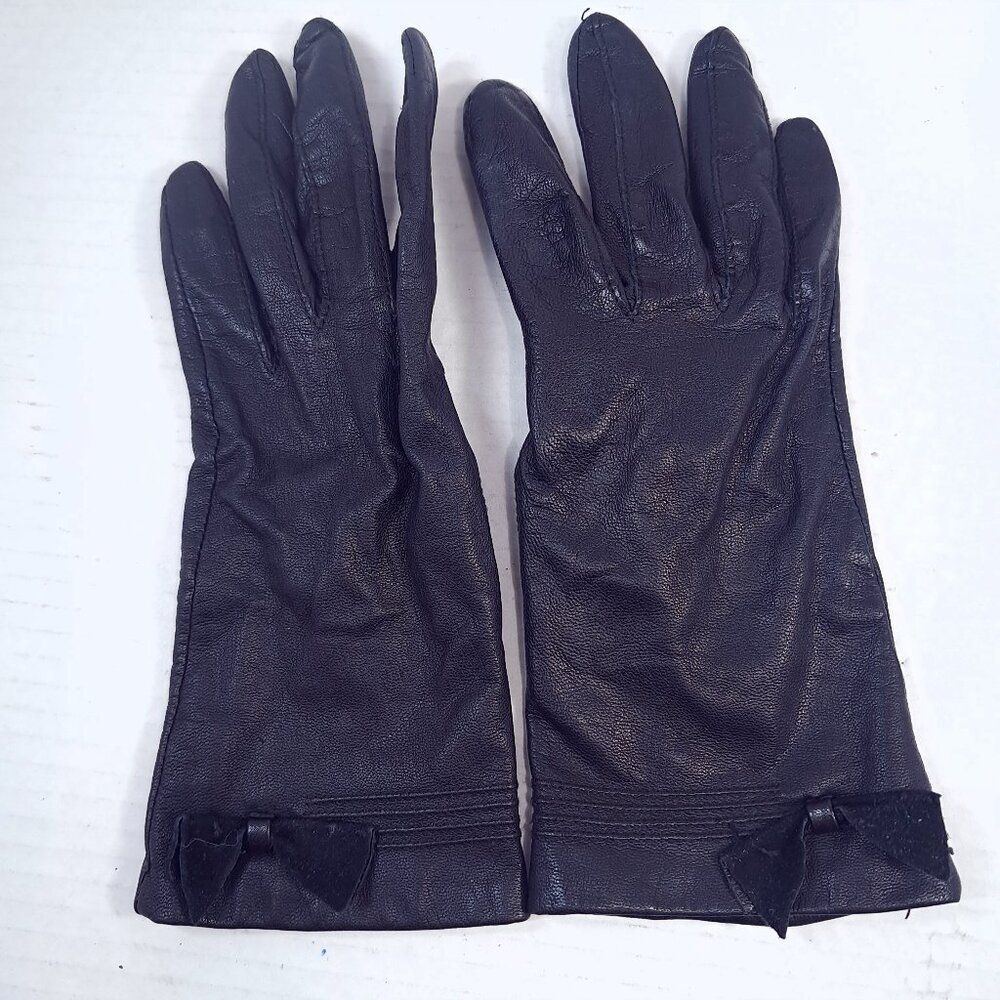 Fownes Leather Gloves women's sz 7 black bow Antron lining Made in Philippines‎